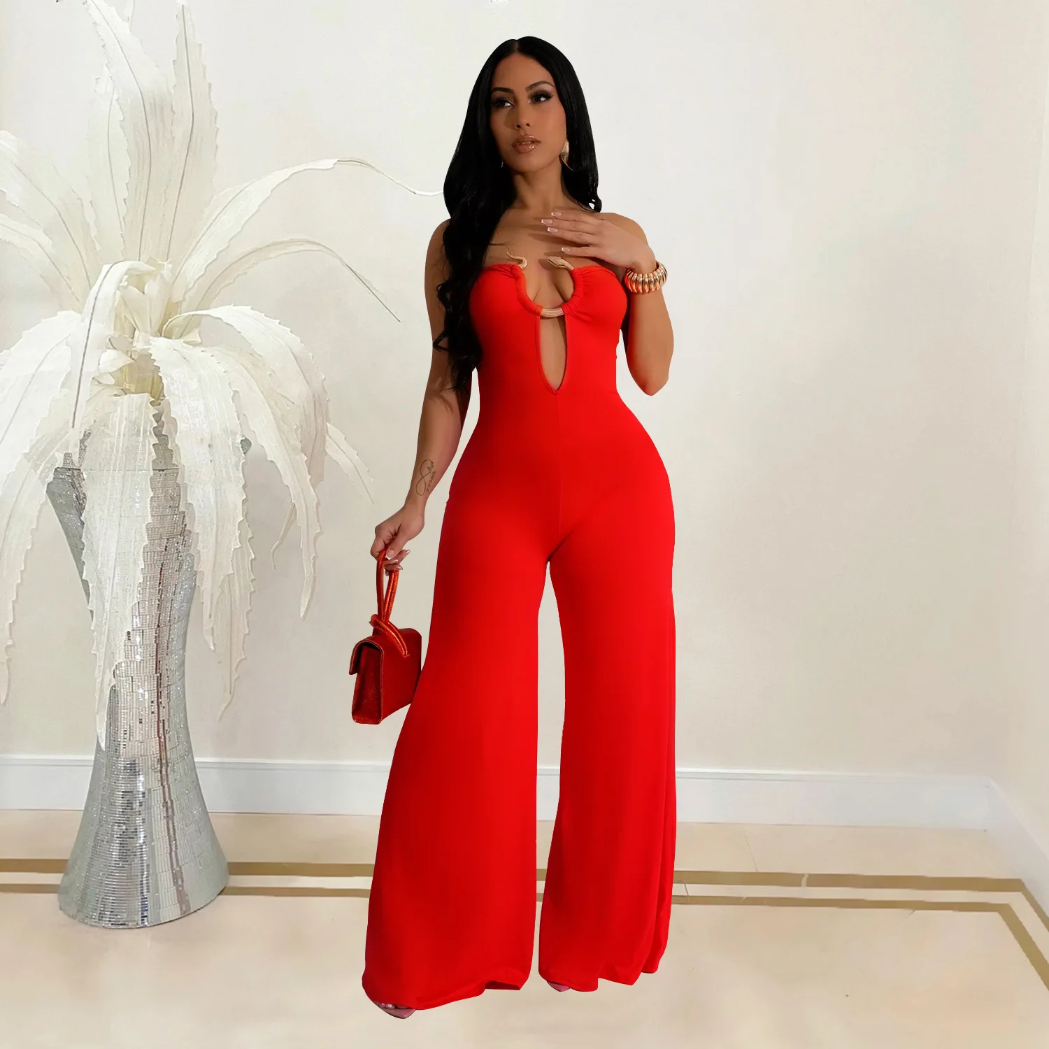 CM.YAYA Women Wide Leg Deep V-Neck Sleeveless Jumpsuits 2024 Summer Hollow Out Night Street Club Playsuit One Piece Suit Romper