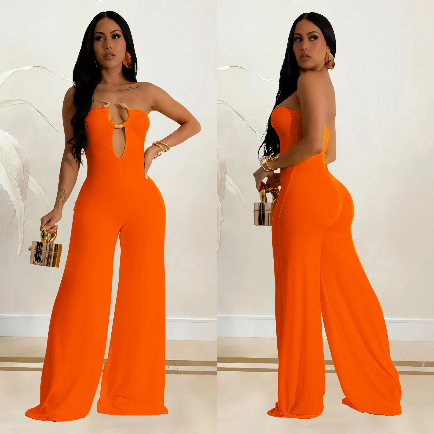 CM.YAYA Women Wide Leg Deep V-Neck Sleeveless Jumpsuits 2024 Summer Hollow Out Night Street Club Playsuit One Piece Suit Romper