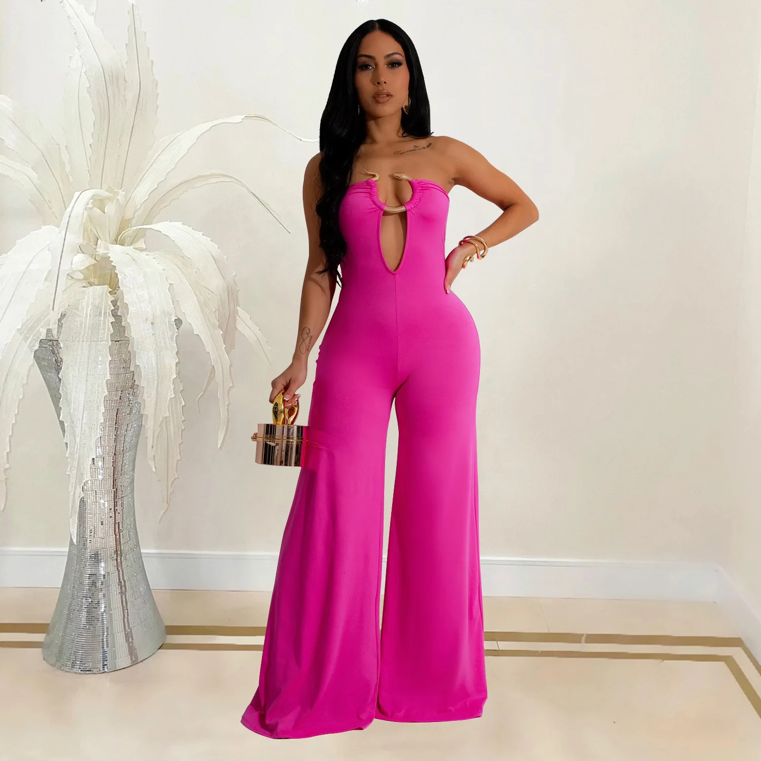 CM.YAYA Women Wide Leg Deep V-Neck Sleeveless Jumpsuits 2024 Summer Hollow Out Night Street Club Playsuit One Piece Suit Romper
