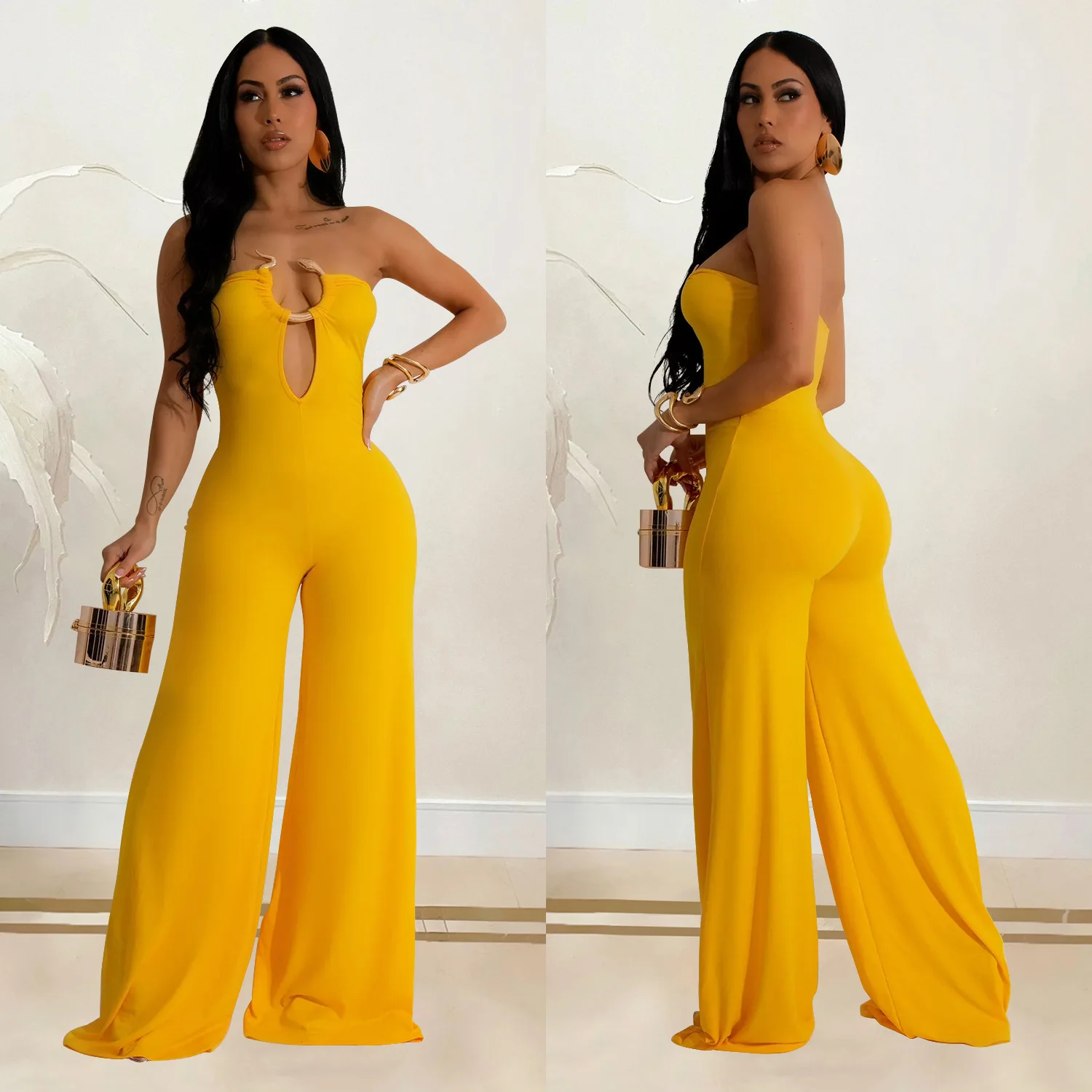 CM.YAYA Women Wide Leg Deep V-Neck Sleeveless Jumpsuits 2024 Summer Hollow Out Night Street Club Playsuit One Piece Suit Romper