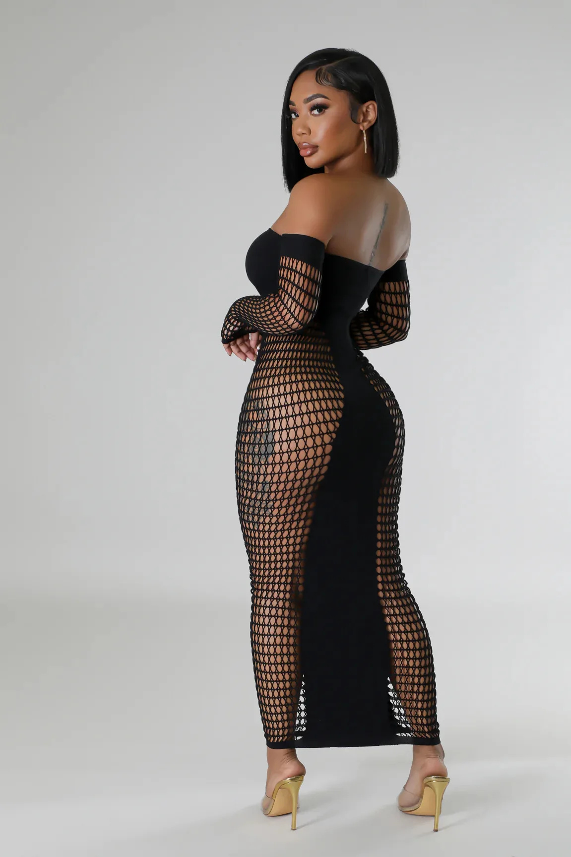 CM.YAYA Summer Full Sleeve Long Dress Mesh Hollow Out 2024 Strapless Evening Vestidos Sexy Party Club Maxi Dresses Vestidos