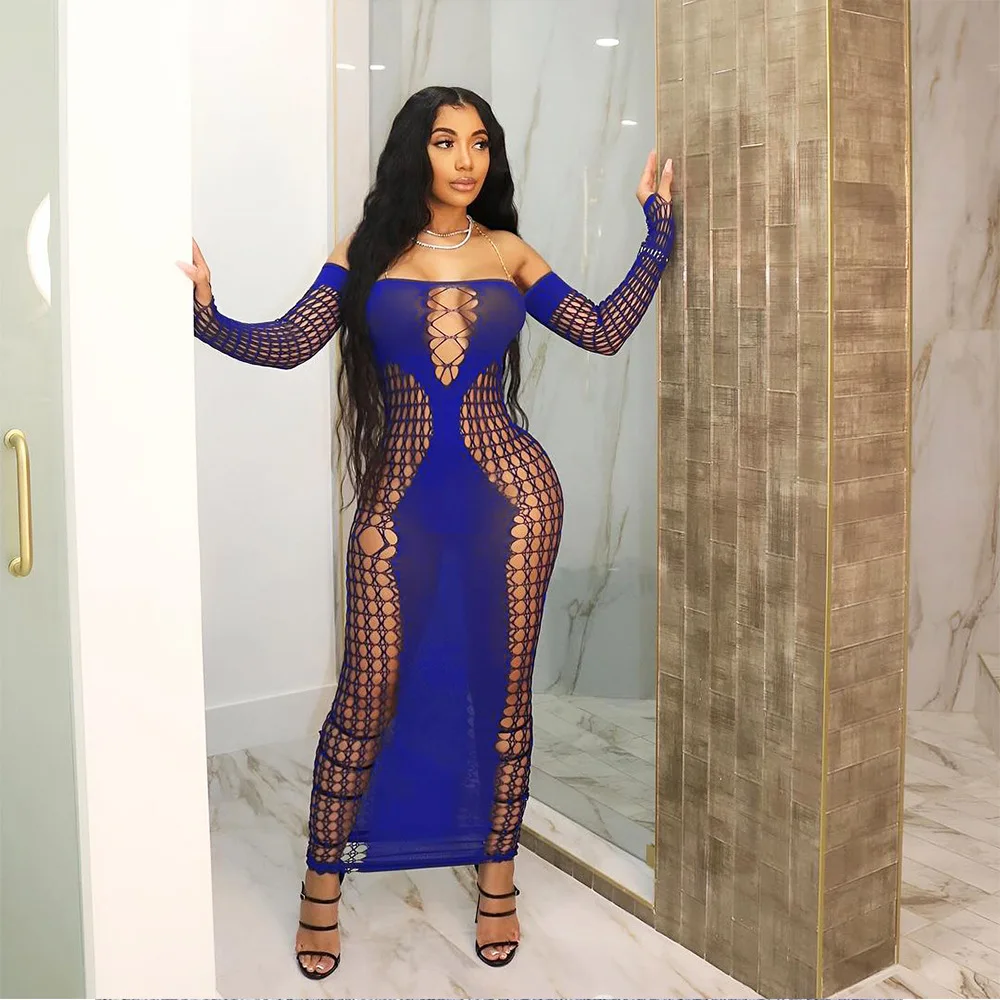 CM.YAYA Summer Full Sleeve Long Dress Mesh Hollow Out 2024 Strapless Evening Vestidos Sexy Party Club Maxi Dresses Vestidos
