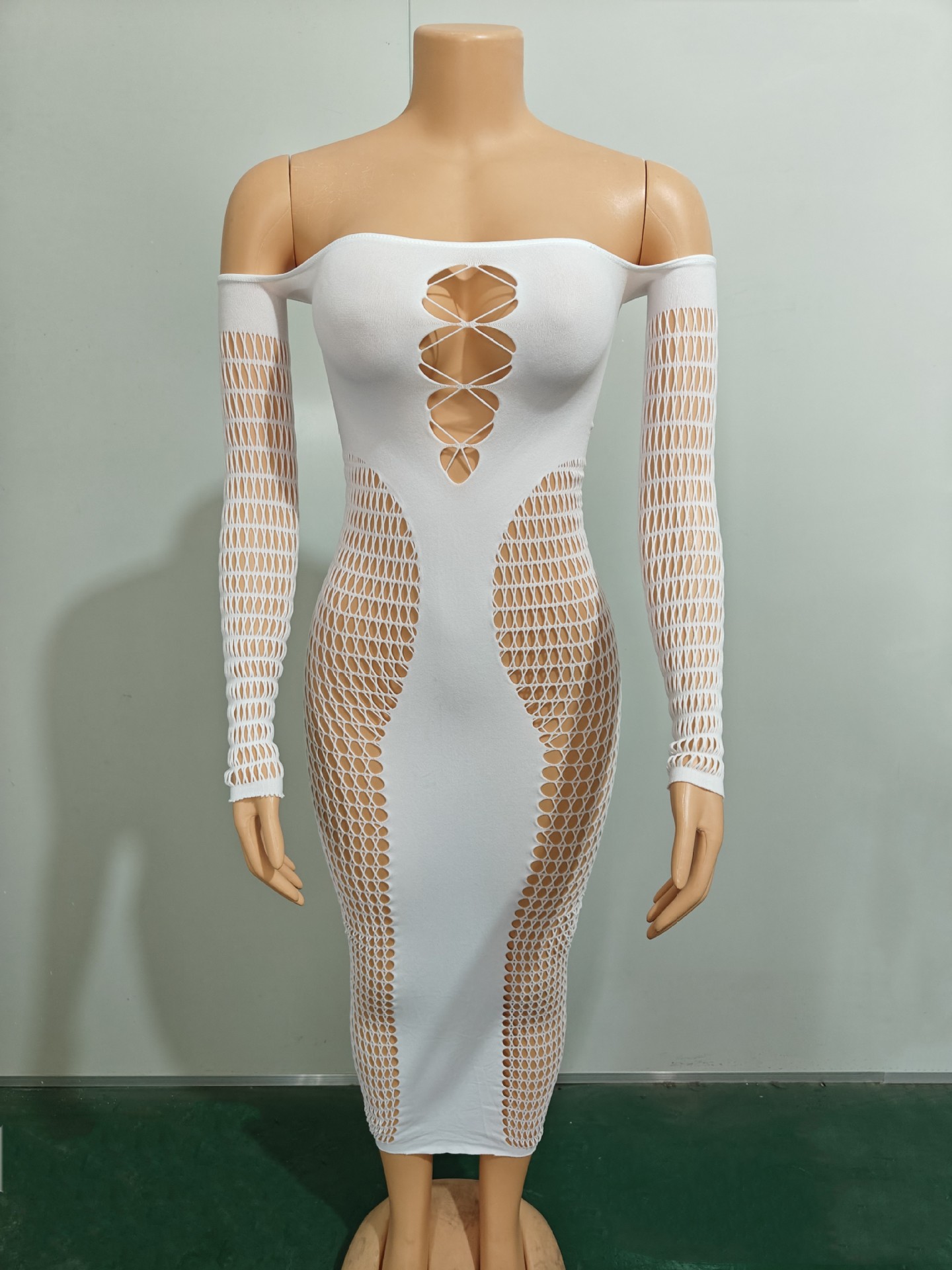 CM.YAYA Summer Full Sleeve Long Dress Mesh Hollow Out 2024 Strapless Evening Vestidos Sexy Party Club Maxi Dresses Vestidos