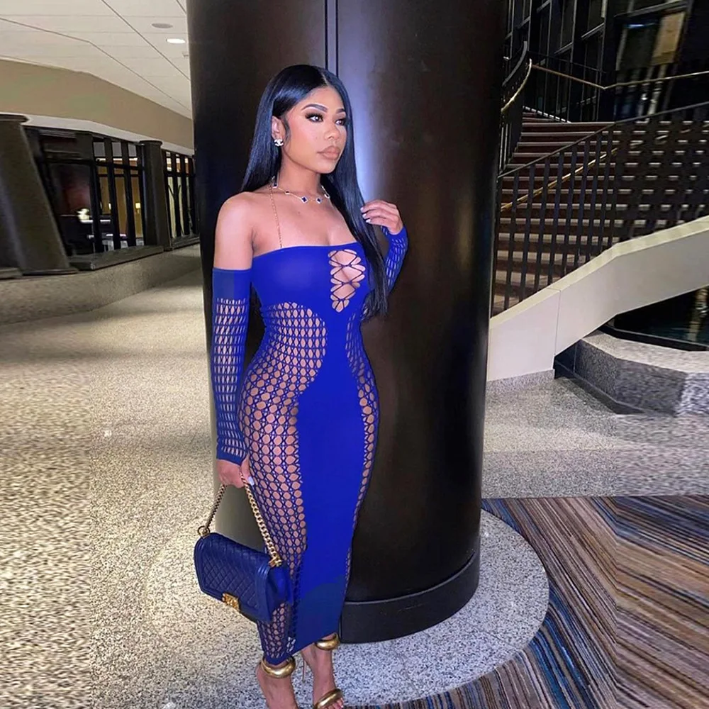 CM.YAYA Summer Full Sleeve Long Dress Mesh Hollow Out 2024 Strapless Evening Vestidos Sexy Party Club Maxi Dresses Vestidos