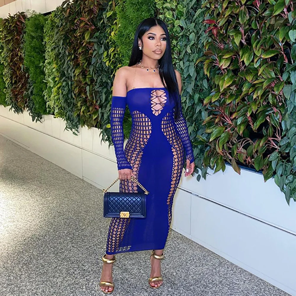 CM.YAYA Summer Full Sleeve Long Dress Mesh Hollow Out 2024 Strapless Evening Vestidos Sexy Party Club Maxi Dresses Vestidos