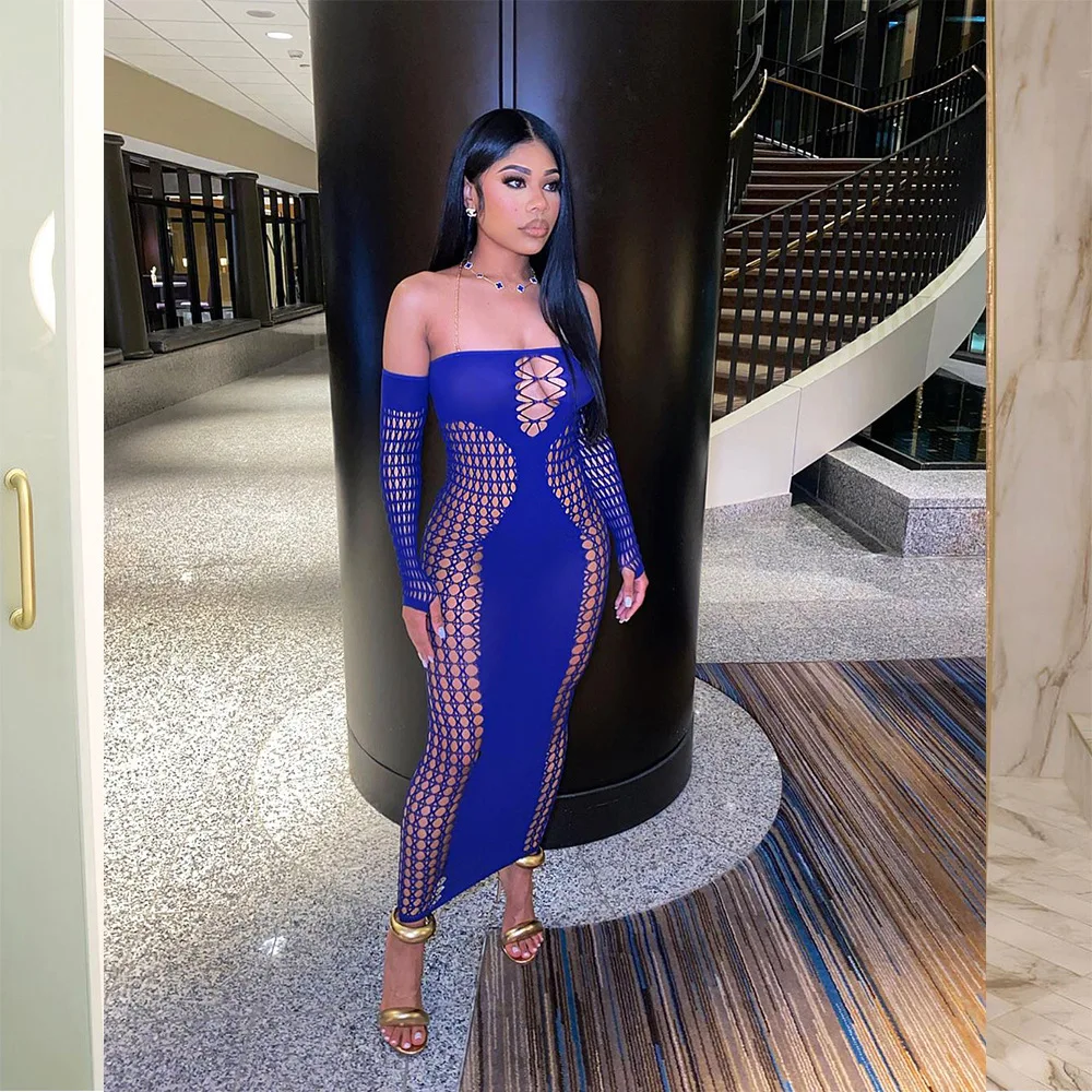 CM.YAYA Summer Full Sleeve Long Dress Mesh Hollow Out 2024 Strapless Evening Vestidos Sexy Party Club Maxi Dresses Vestidos