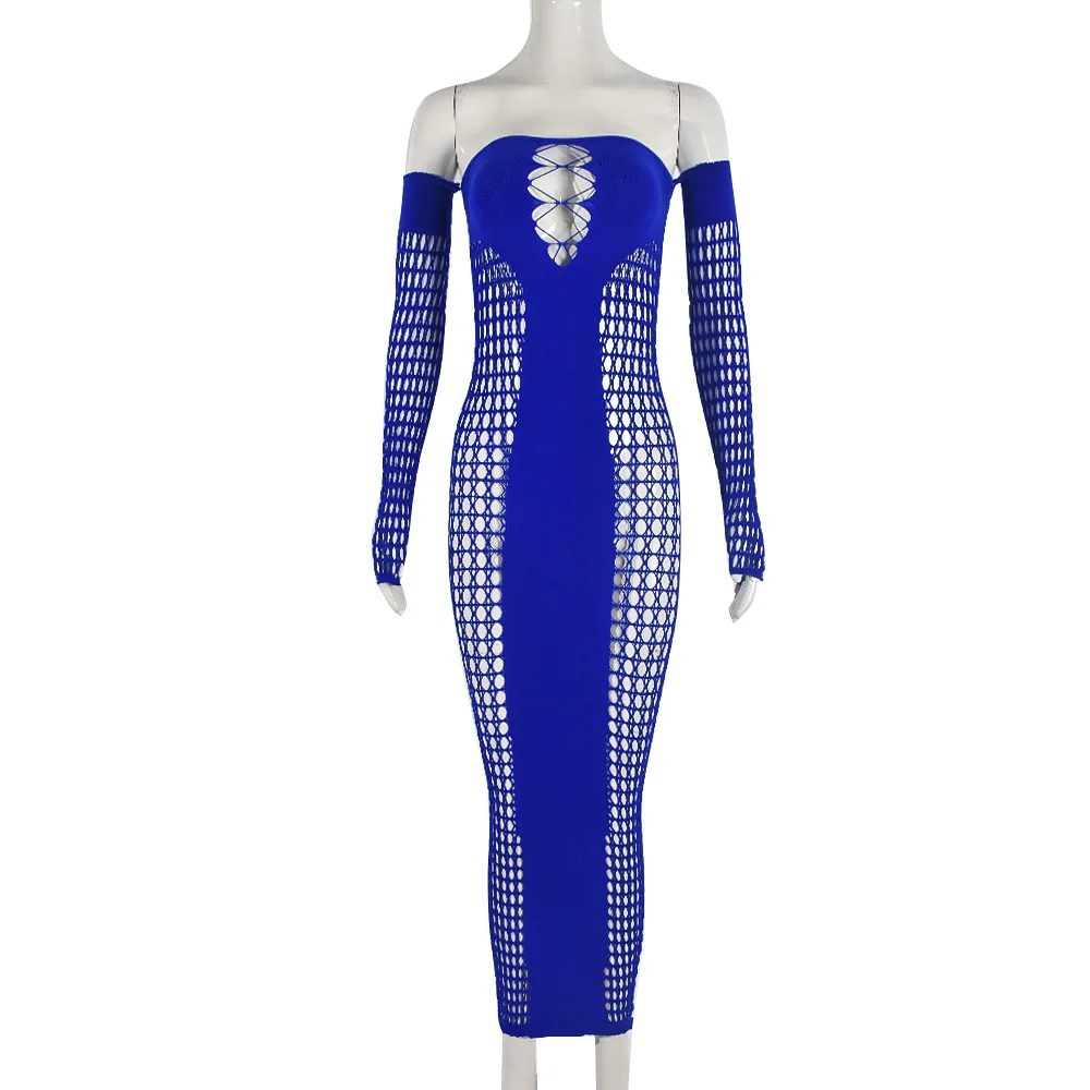 CM.YAYA Summer Full Sleeve Long Dress Mesh Hollow Out 2024 Strapless Evening Vestidos Sexy Party Club Maxi Dresses Vestidos