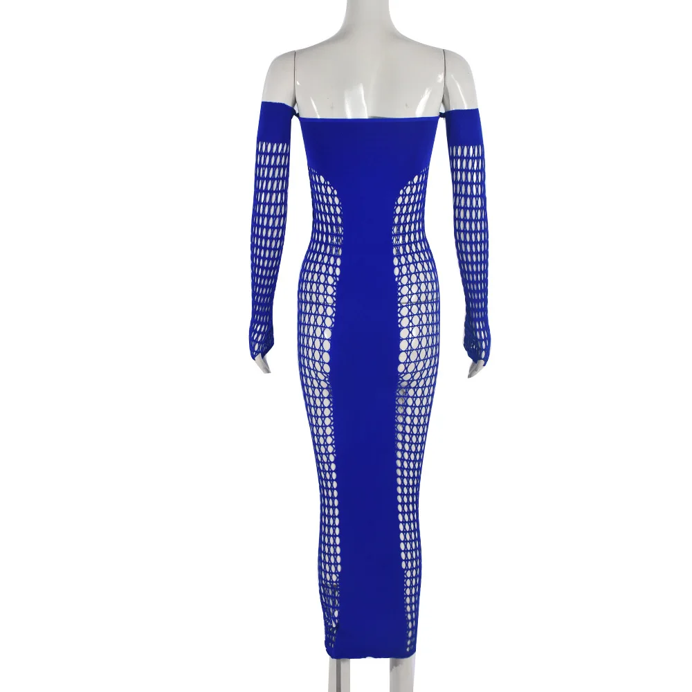 CM.YAYA Summer Full Sleeve Long Dress Mesh Hollow Out 2024 Strapless Evening Vestidos Sexy Party Club Maxi Dresses Vestidos