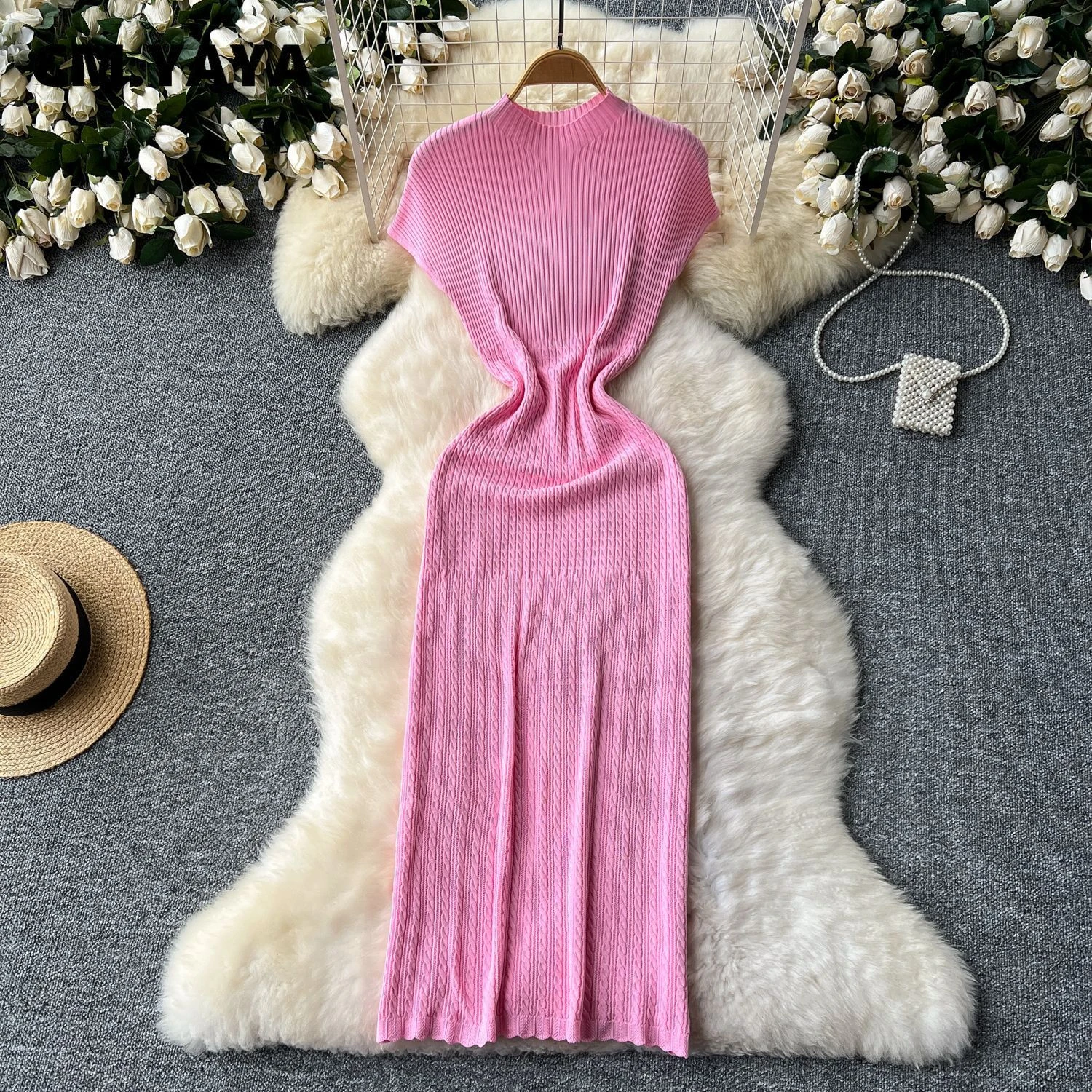 CM.YAYA Fashion Women Sleeveless O-neck Knit Bodycon Pencil Midi Dress 2025 Spring Club Sexy Party Evening birthday Dresses