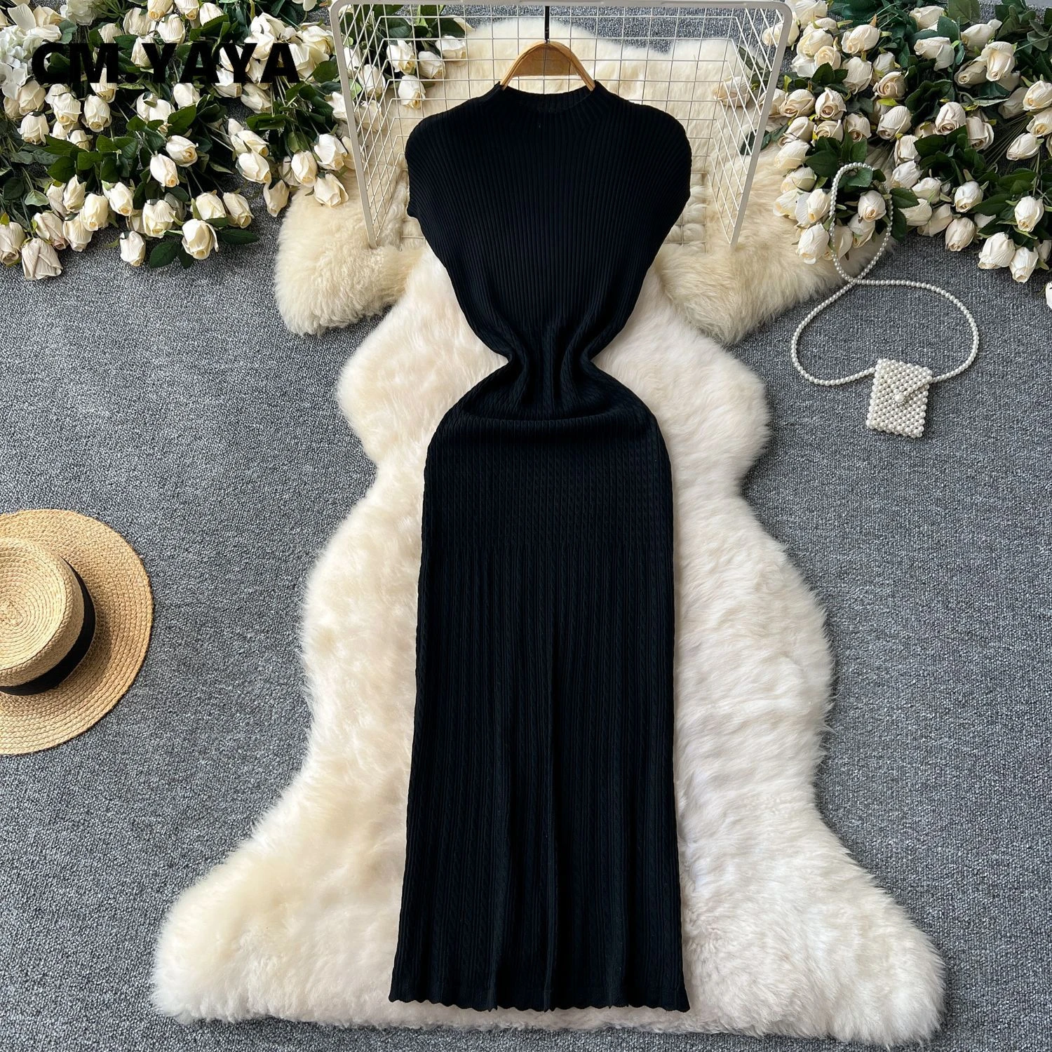 CM.YAYA Fashion Women Sleeveless O-neck Knit Bodycon Pencil Midi Dress 2025 Spring Club Sexy Party Evening birthday Dresses