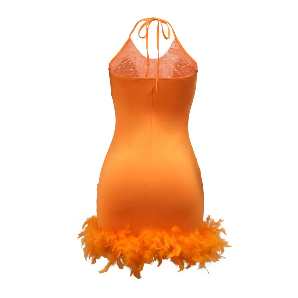 CM.YAYA Women Sequined See Through Feather Strap INS Bodycon Mini Dress 2024 Summer Sexy Night Party Club Prom Vestidos Dresses