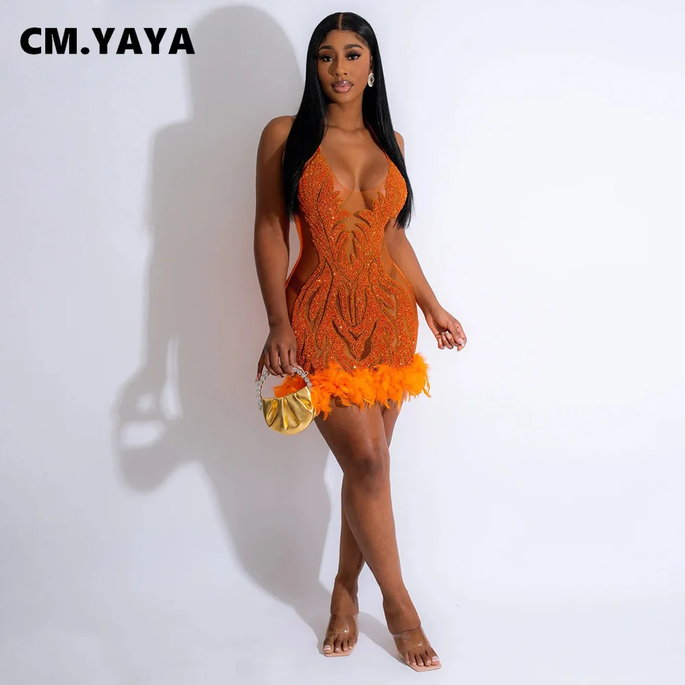 CM.YAYA Women Sequined See Through Feather Strap INS Bodycon Mini Dress 2024 Summer Sexy Night Party Club Prom Vestidos Dresses