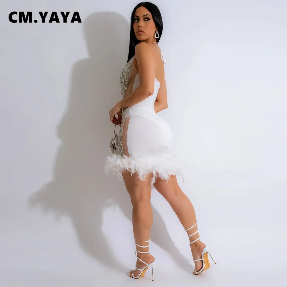CM.YAYA Women Sequined See Through Feather Strap INS Bodycon Mini Dress 2024 Summer Sexy Night Party Club Prom Vestidos Dresses