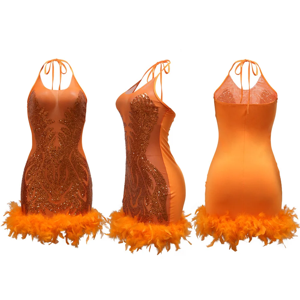 CM.YAYA Women Sequined See Through Feather Strap INS Bodycon Mini Dress 2024 Summer Sexy Night Party Club Prom Vestidos Dresses