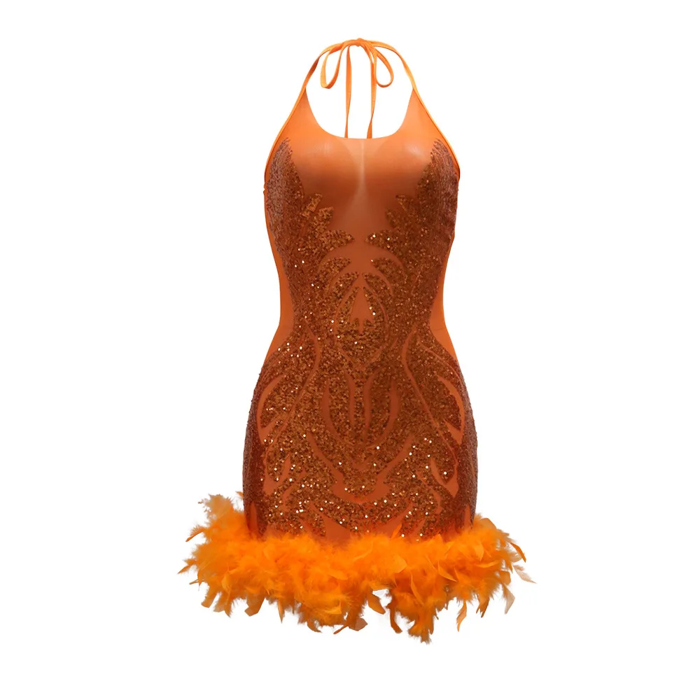 CM.YAYA Women Sequined See Through Feather Strap INS Bodycon Mini Dress 2024 Summer Sexy Night Party Club Prom Vestidos Dresses