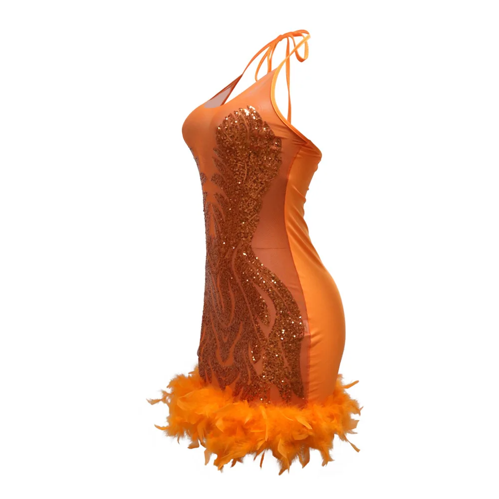 CM.YAYA Women Sequined See Through Feather Strap INS Bodycon Mini Dress 2024 Summer Sexy Night Party Club Prom Vestidos Dresses