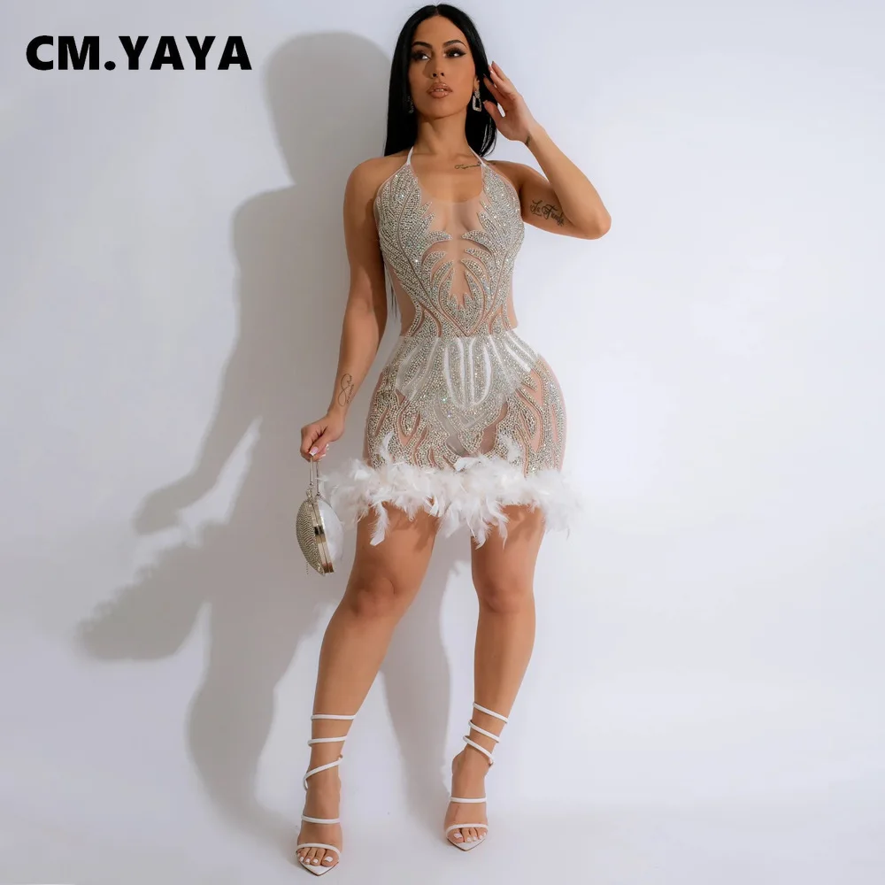 CM.YAYA Women Sequined See Through Feather Strap INS Bodycon Mini Dress 2024 Summer Sexy Night Party Club Prom Vestidos Dresses