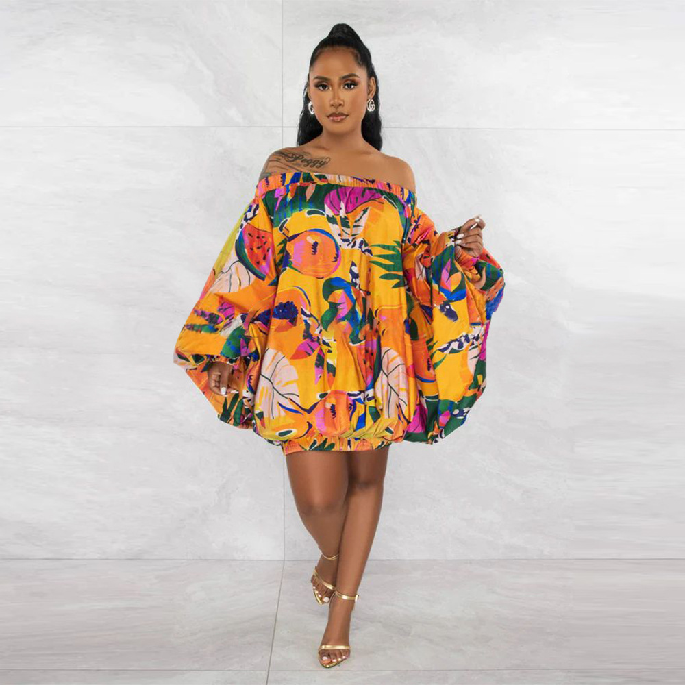 CM.YAYA Vintage Women Fashion Stretch Hem Off Shoulder Slash Neck Lantern Long Sleeve Printed Ball Gown Smock Dress Vestidos CM.YAYA Vintage Women Fashion Stretch Hem Off Shoulder Slash Neck Lantern Long Sleeve Printed Ball Gown Smock Dress Vestidos