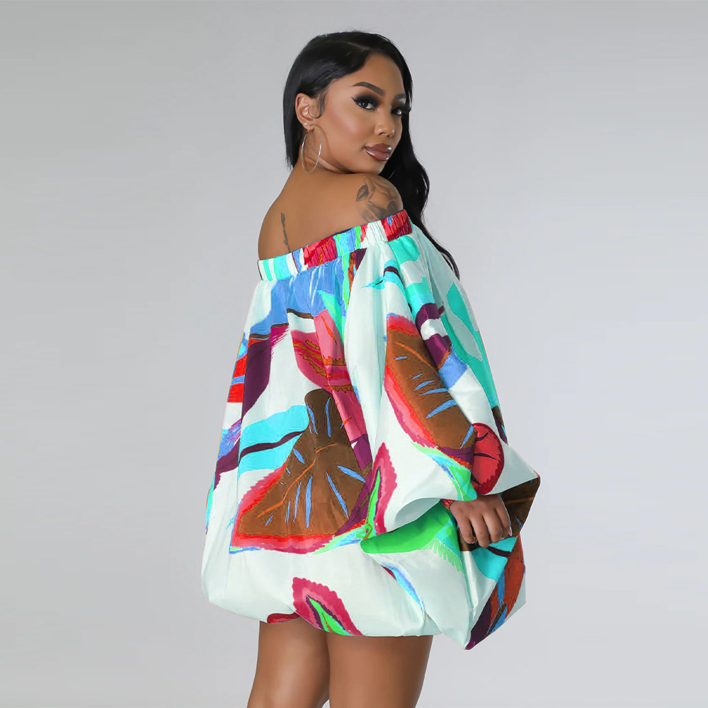 CM.YAYA Vintage Women Fashion Stretch Hem Off Shoulder Slash Neck Lantern Long Sleeve Printed Ball Gown Smock Dress Vestidos