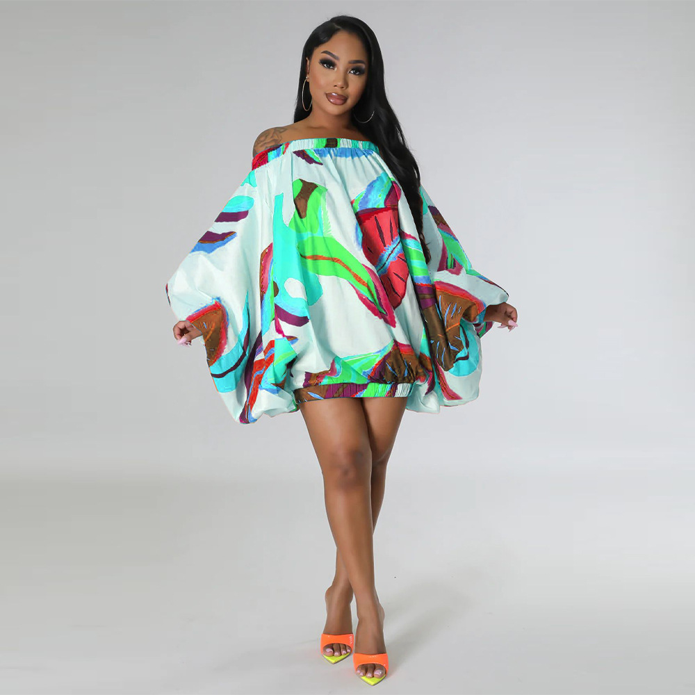 CM.YAYA Vintage Women Fashion Stretch Hem Off Shoulder Slash Neck Lantern Long Sleeve Printed Ball Gown Smock Dress Vestidos