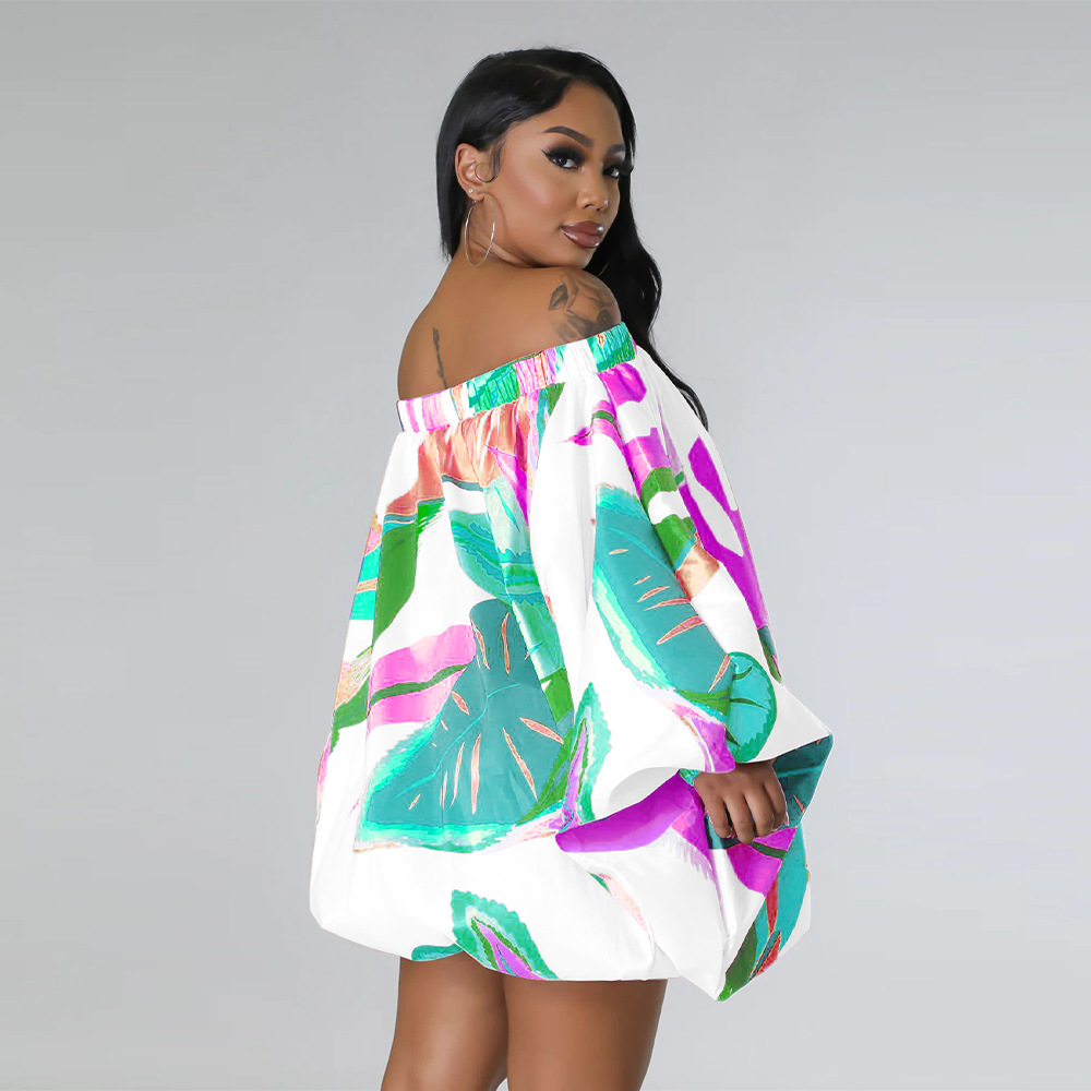 CM.YAYA Vintage Women Fashion Stretch Hem Off Shoulder Slash Neck Lantern Long Sleeve Printed Ball Gown Smock Dress Vestidos