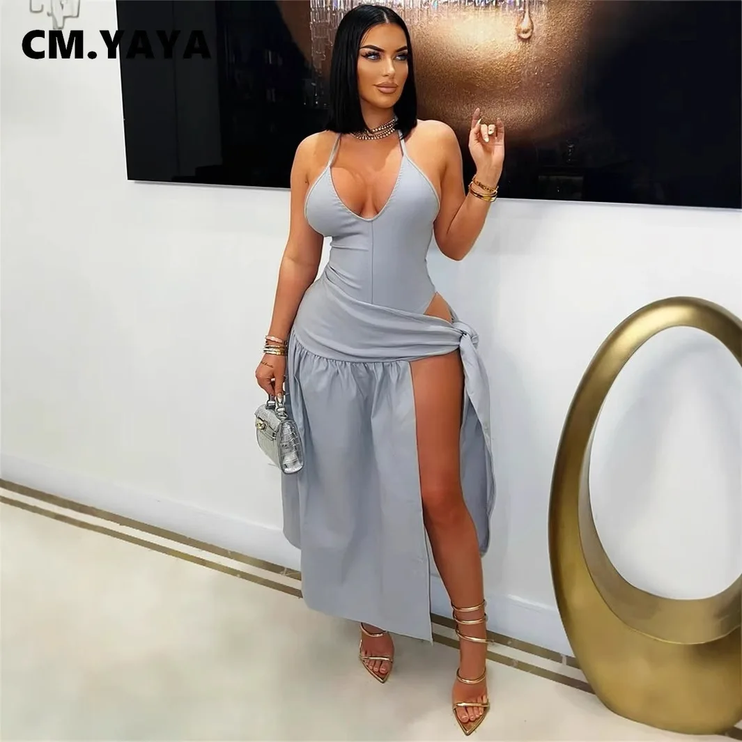 CM.YAYA Summer Women Halter Sleeveless V-Neck Tie Up High Side Split High Waist A-Line Dress Night Club Party Dresses Vestidos CM.YAYA Summer Women Halter Sleeveless V-Neck Tie Up High Side Split High Waist A-Line Dress Night Club Party Dresses Vestidos