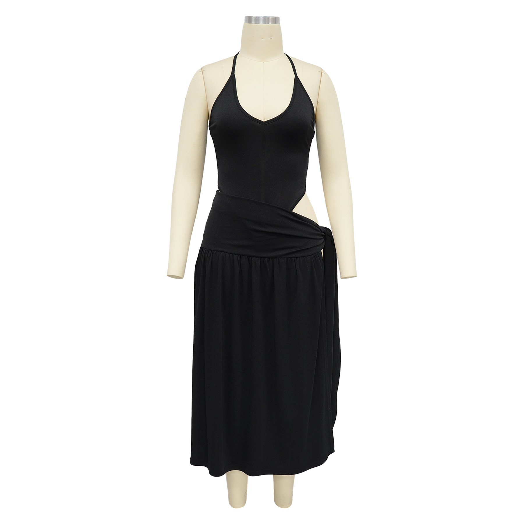 CM.YAYA Summer Women Halter Sleeveless V-Neck Tie Up High Side Split High Waist A-Line Dress Night Club Party Dresses Vestidos