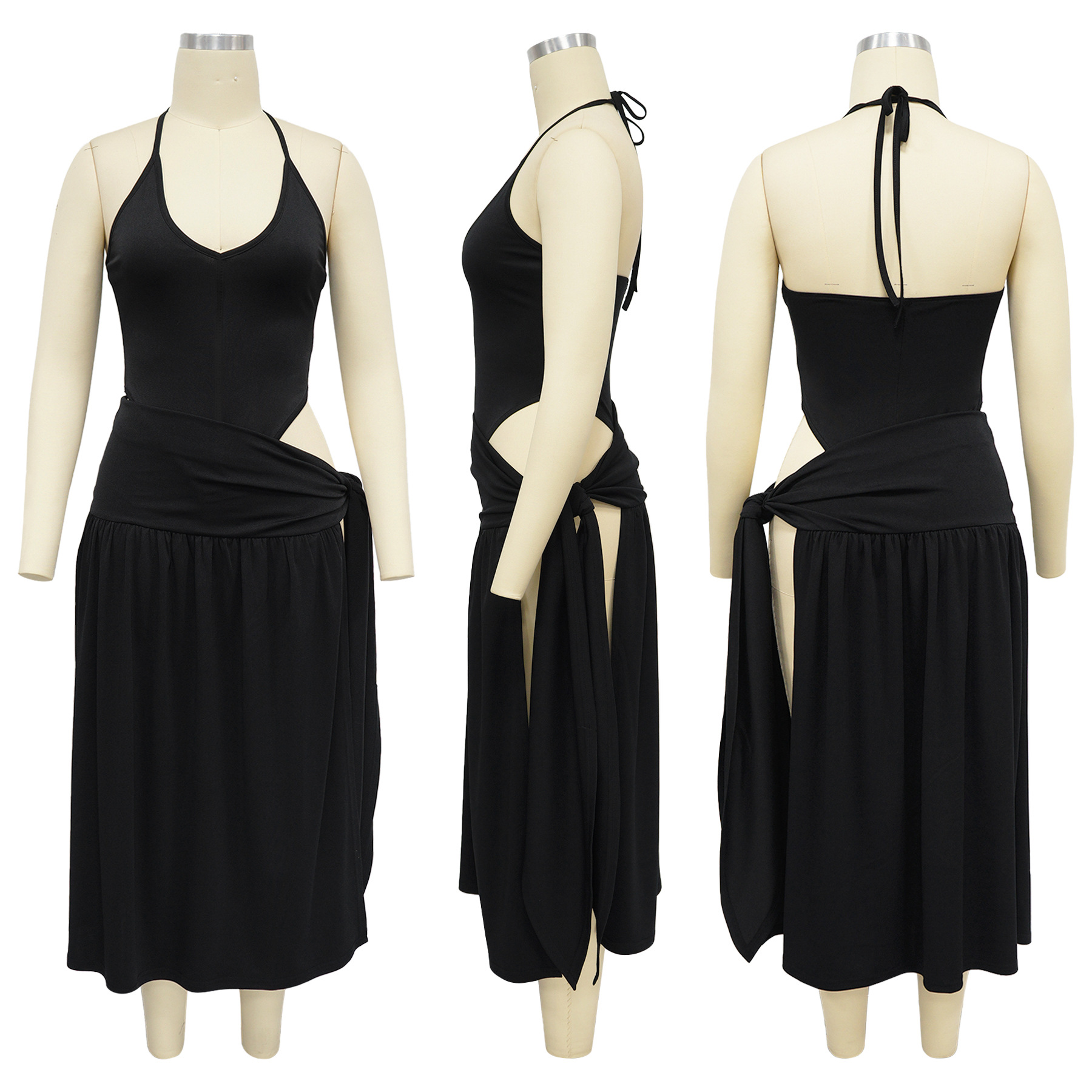 CM.YAYA Summer Women Halter Sleeveless V-Neck Tie Up High Side Split High Waist A-Line Dress Night Club Party Dresses Vestidos