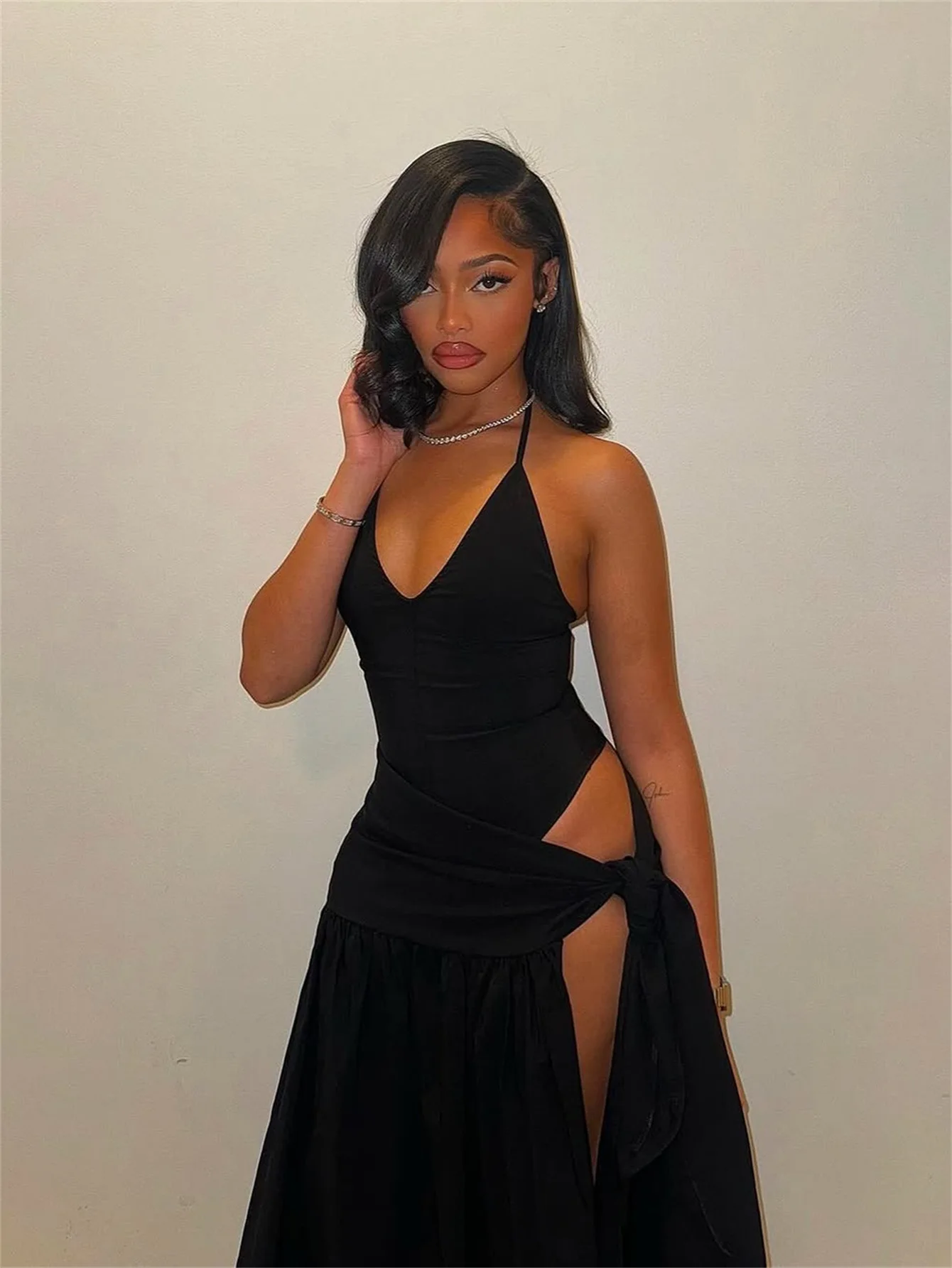 CM.YAYA Summer Women Halter Sleeveless V-Neck Tie Up High Side Split High Waist A-Line Dress Night Club Party Dresses Vestidos