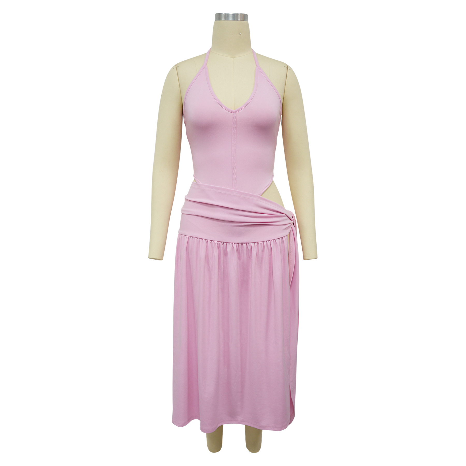 CM.YAYA Summer Women Halter Sleeveless V-Neck Tie Up High Side Split High Waist A-Line Dress Night Club Party Dresses Vestidos