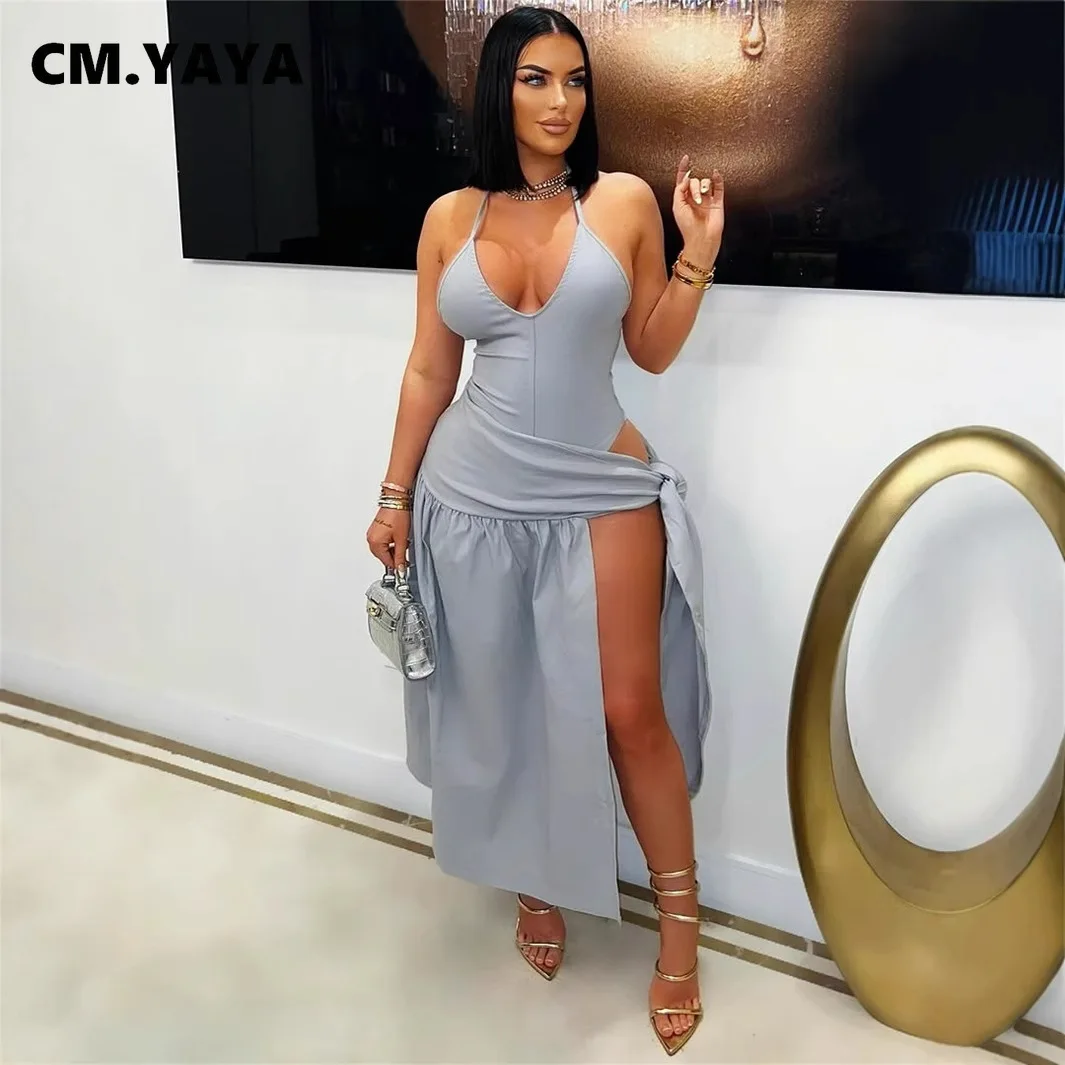CM.YAYA Summer Women Halter Sleeveless V-Neck Tie Up High Side Split High Waist A-Line Dress Night Club Party Dresses Vestidos CM.YAYA Summer Women Halter Sleeveless V-Neck Tie Up High Side Split High Waist A-Line Dress Night Club Party Dresses Vestidos