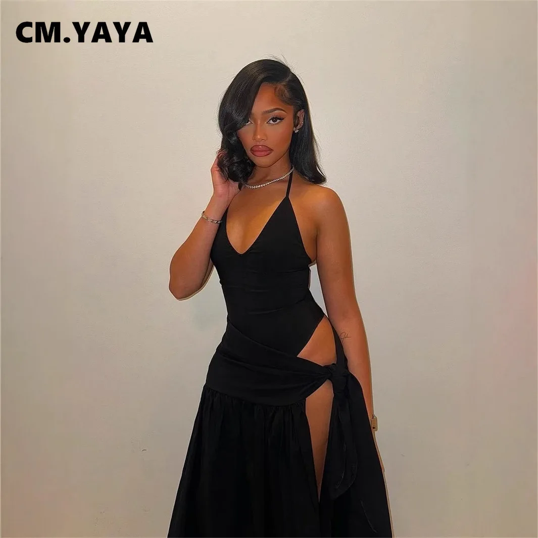 CM.YAYA Summer Women Halter Sleeveless V-Neck Tie Up High Side Split High Waist A-Line Dress Night Club Party Dresses Vestidos CM.YAYA Summer Women Halter Sleeveless V-Neck Tie Up High Side Split High Waist A-Line Dress Night Club Party Dresses Vestidos