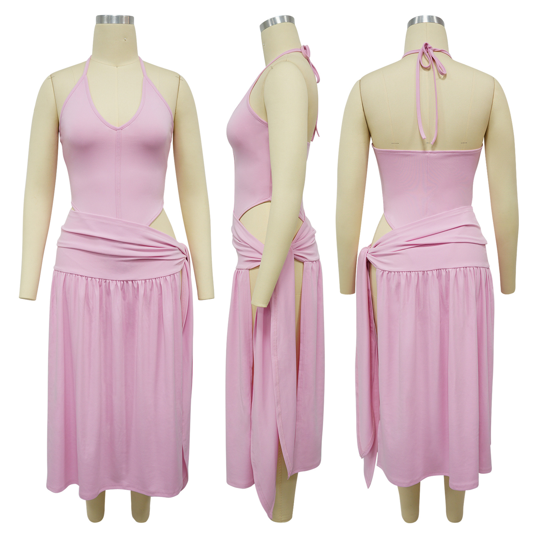 CM.YAYA Summer Women Halter Sleeveless V-Neck Tie Up High Side Split High Waist A-Line Dress Night Club Party Dresses Vestidos