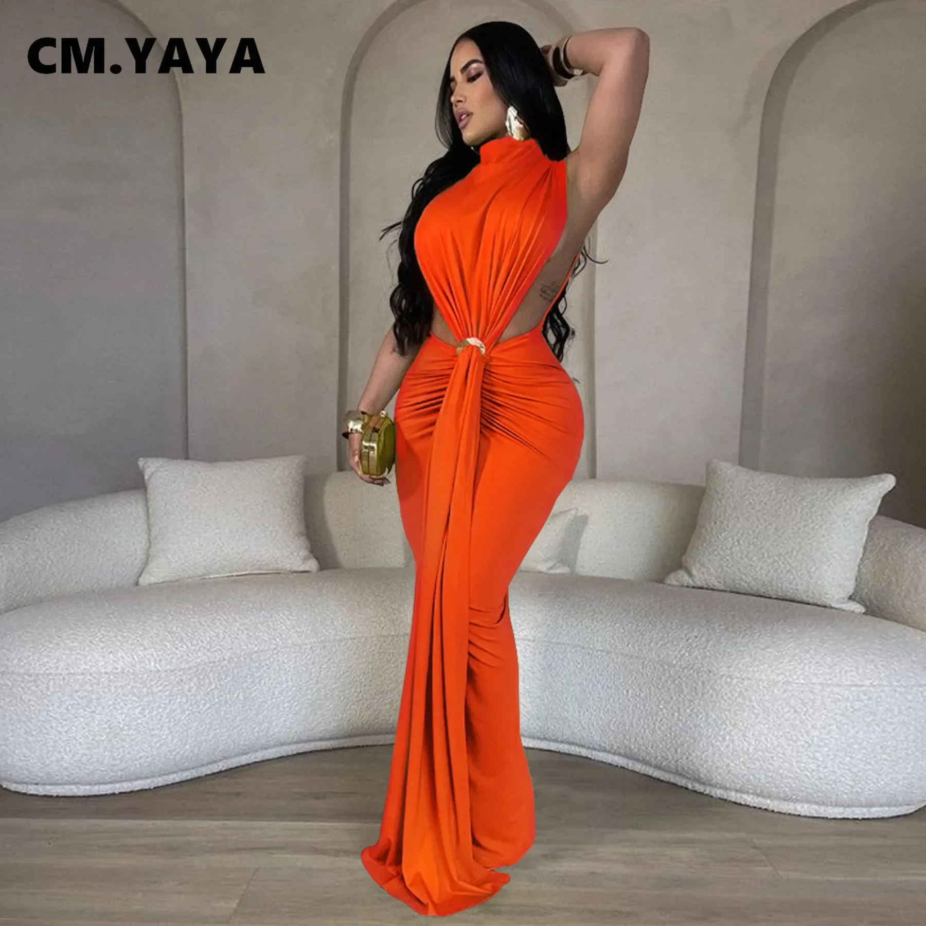 CM.YAYA Women O-neck High Split Ruched Stacked Bodycon Midi Maxi Dress 2024 Evening Party Club Vestidos Sexy Chic Long Dresses