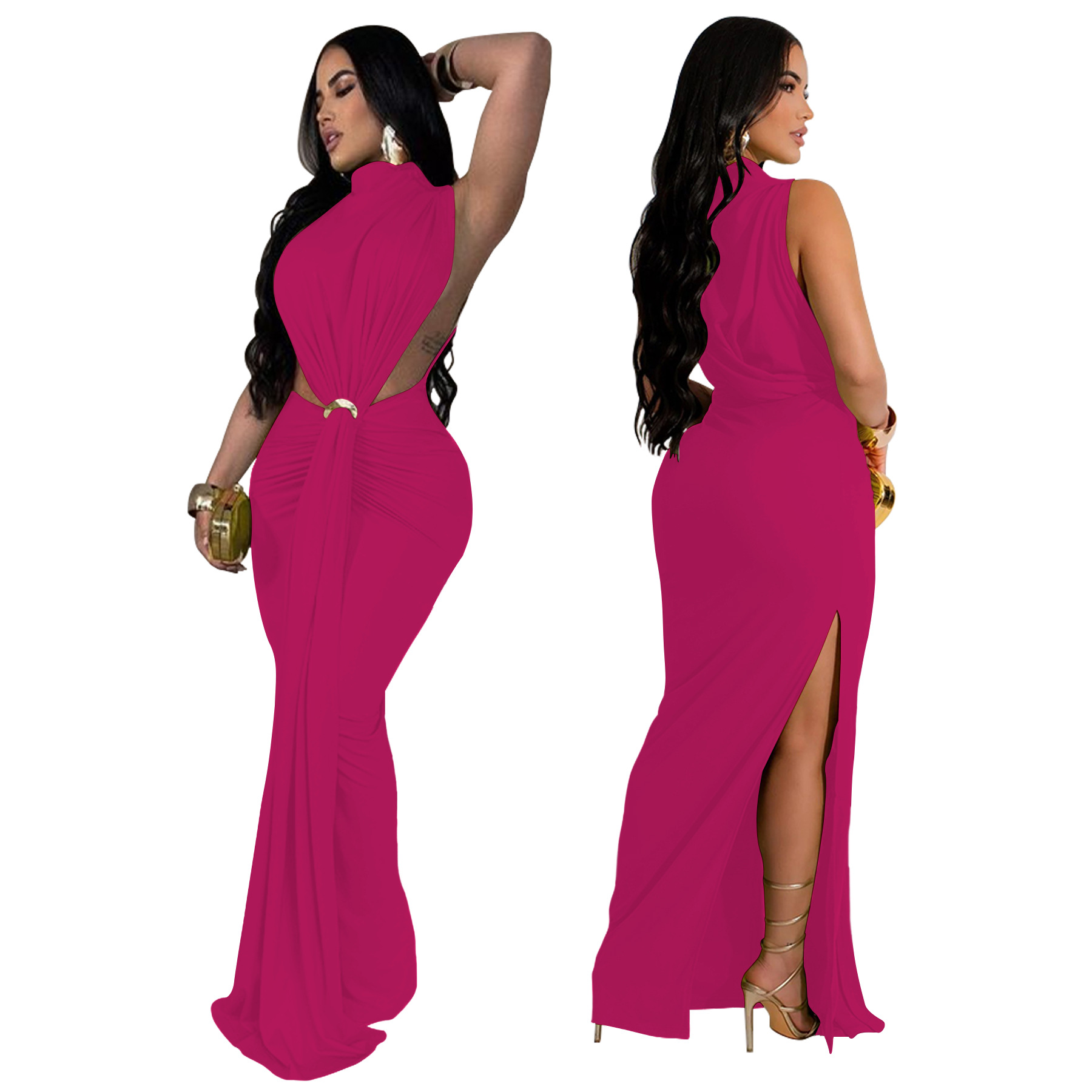 CM.YAYA Women O-neck High Split Ruched Stacked Bodycon Midi Maxi Dress 2024 Evening Party Club Vestidos Sexy Chic Long Dresses CM.YAYA Women O-neck High Split Ruched Stacked Bodycon Midi Maxi Dress 2024 Evening Party Club Vestidos Sexy Chic Long Dresses