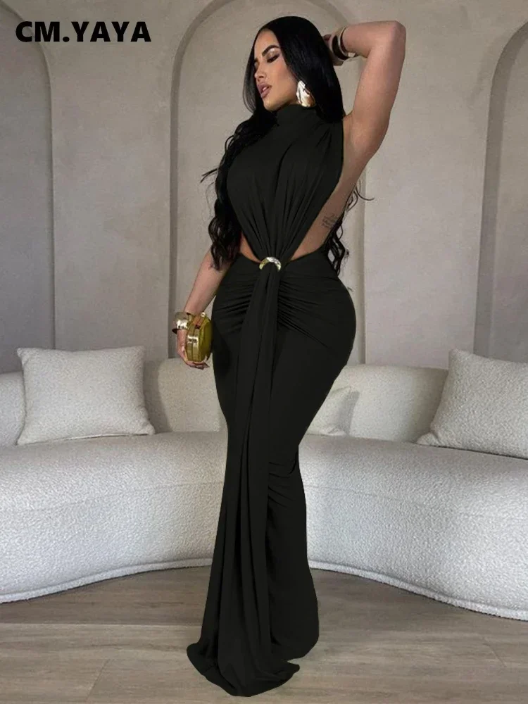 CM.YAYA Women O-neck High Split Ruched Stacked Bodycon Midi Maxi Dress 2024 Evening Party Club Vestidos Sexy Chic Long Dresses