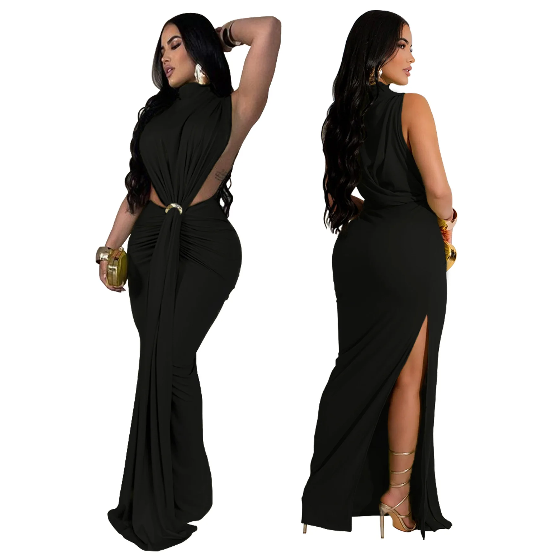 CM.YAYA Women O-neck High Split Ruched Stacked Bodycon Midi Maxi Dress 2024 Evening Party Club Vestidos Sexy Chic Long Dresses CM.YAYA Women O-neck High Split Ruched Stacked Bodycon Midi Maxi Dress 2024 Evening Party Club Vestidos Sexy Chic Long Dresses