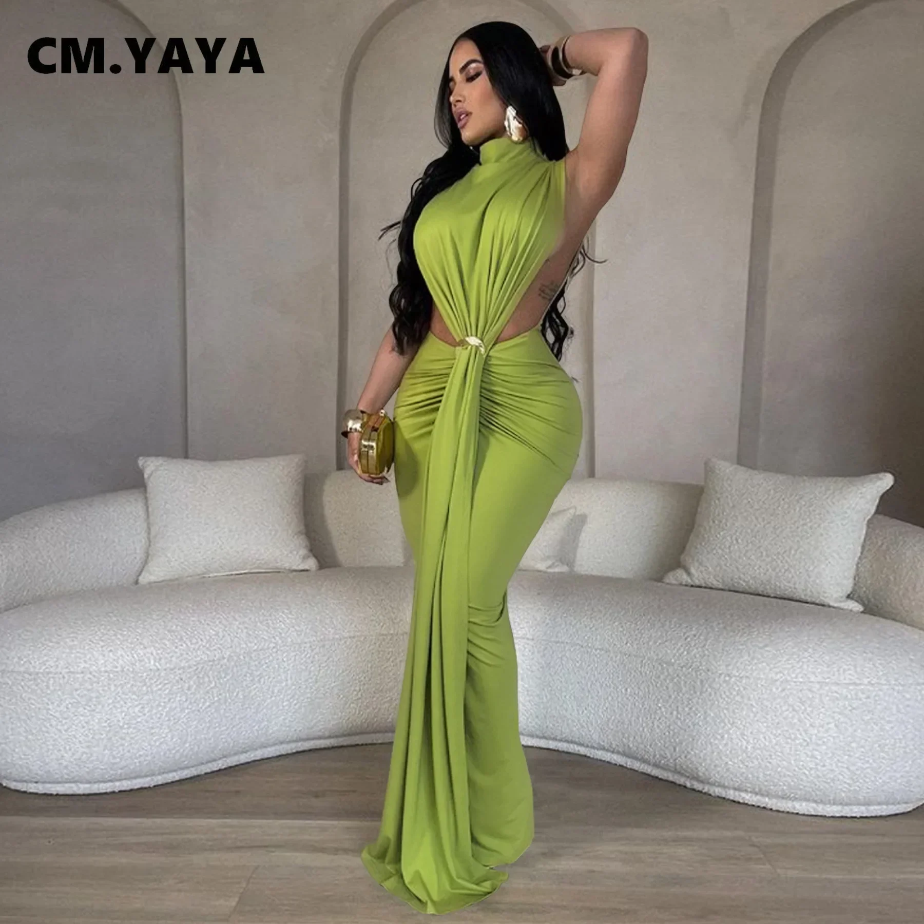 CM.YAYA Women O-neck High Split Ruched Stacked Bodycon Midi Maxi Dress 2024 Evening Party Club Vestidos Sexy Chic Long Dresses