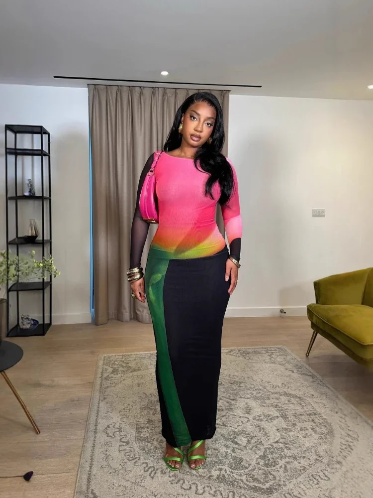 CM.YAYA Women Mesh See Though Colorful Printed Maxi Midi Dress 2025 Evening Sexy Club Party Evening High Street Long Dresses