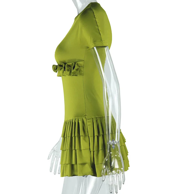 CM.YAYA Women Short Sleeve O-neck Ruffles Ruched Mini Dress 2025 Summer Sweet Girl Stacked Party Evening Night Club Chic Dresses