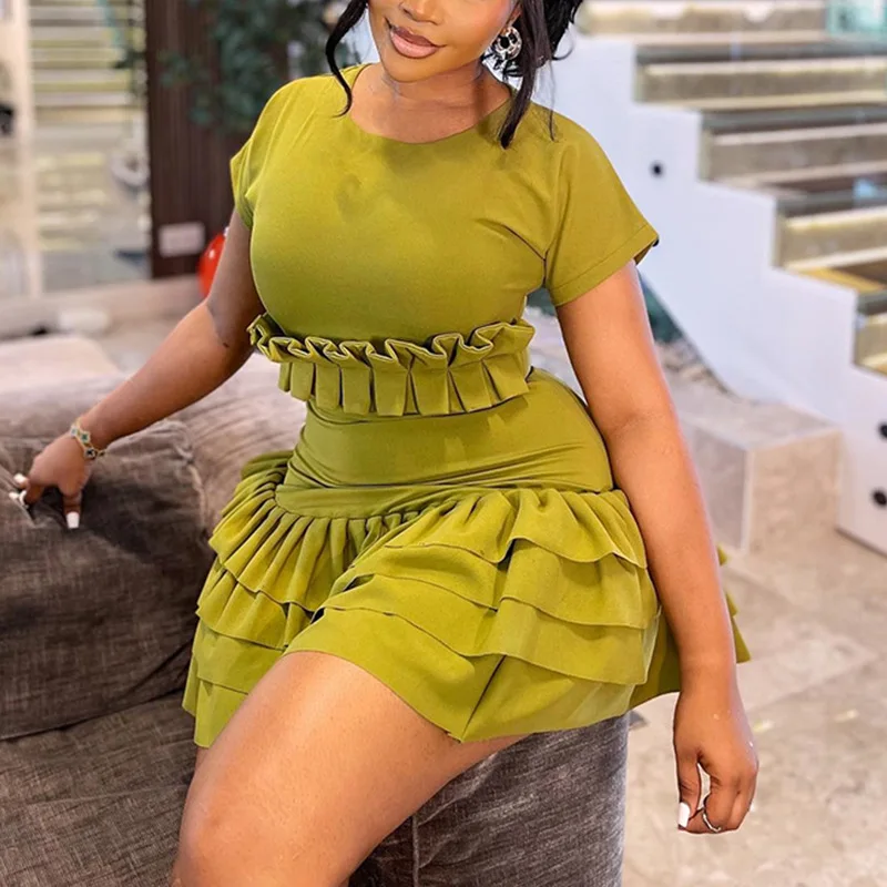 CM.YAYA Women Short Sleeve O-neck Ruffles Ruched Mini Dress 2025 Summer Sweet Girl Stacked Party Evening Night Club Chic Dresses CM.YAYA Women Short Sleeve O-neck Ruffles Ruched Mini Dress 2025 Summer Sweet Girl Stacked Party Evening Night Club Chic Dresses