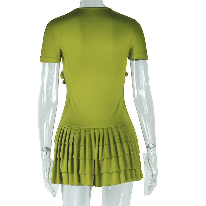 CM.YAYA Women Short Sleeve O-neck Ruffles Ruched Mini Dress 2025 Summer Sweet Girl Stacked Party Evening Night Club Chic Dresses