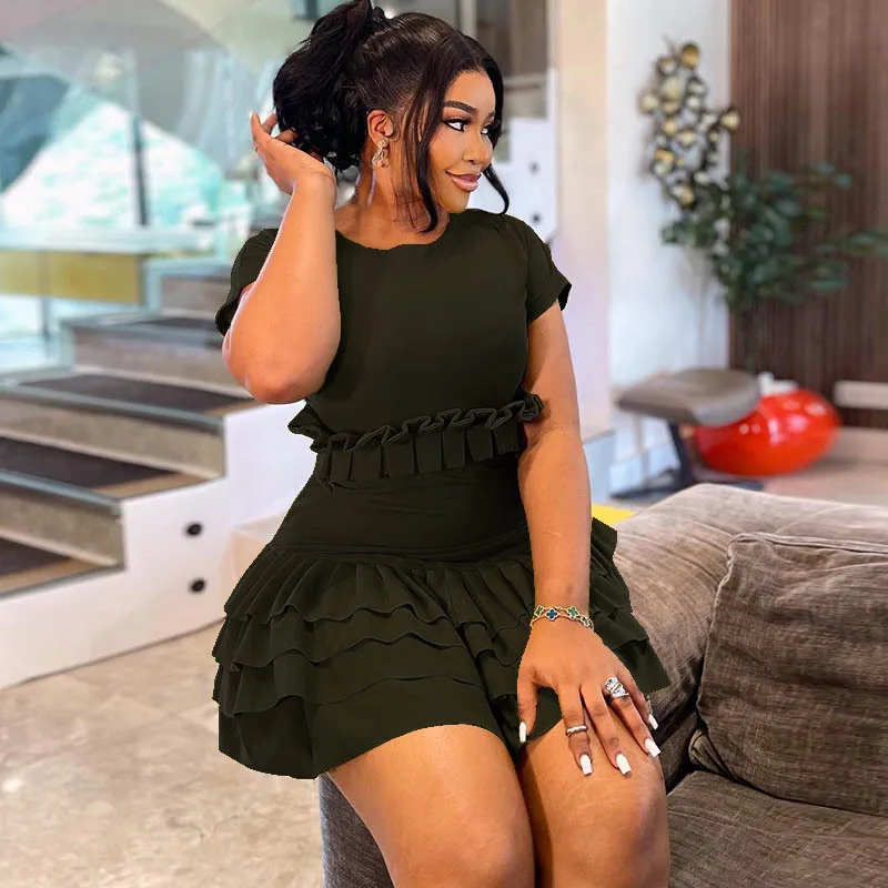 CM.YAYA Women Short Sleeve O-neck Ruffles Ruched Mini Dress 2025 Summer Sweet Girl Stacked Party Evening Night Club Chic Dresses CM.YAYA Women Short Sleeve O-neck Ruffles Ruched Mini Dress 2025 Summer Sweet Girl Stacked Party Evening Night Club Chic Dresses