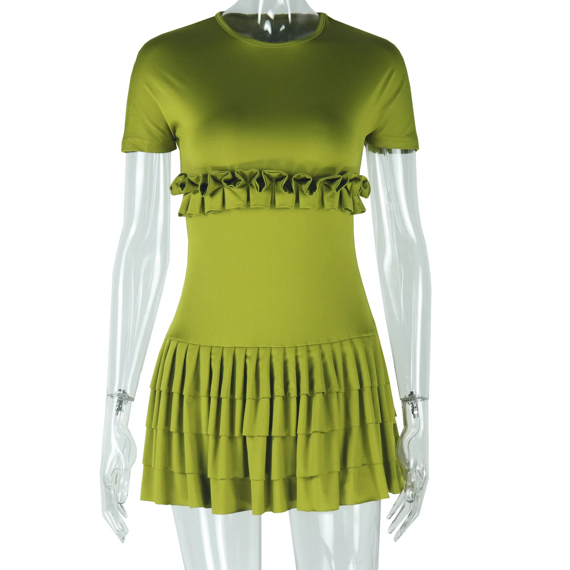 CM.YAYA Women Short Sleeve O-neck Ruffles Ruched Mini Dress 2025 Summer Sweet Girl Stacked Party Evening Night Club Chic Dresses CM.YAYA Women Short Sleeve O-neck Ruffles Ruched Mini Dress 2025 Summer Sweet Girl Stacked Party Evening Night Club Chic Dresses