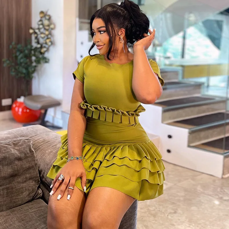 CM.YAYA Women Short Sleeve O-neck Ruffles Ruched Mini Dress 2025 Summer Sweet Girl Stacked Party Evening Night Club Chic Dresses CM.YAYA Women Short Sleeve O-neck Ruffles Ruched Mini Dress 2025 Summer Sweet Girl Stacked Party Evening Night Club Chic Dresses