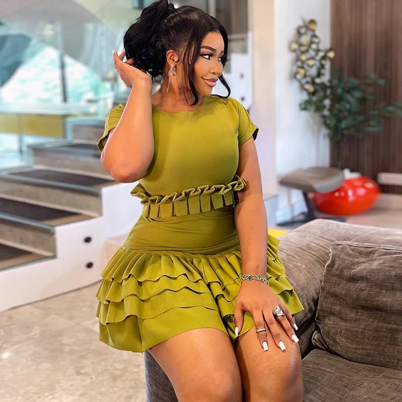 CM.YAYA Women Short Sleeve O-neck Ruffles Ruched Mini Dress 2025 Summer Sweet Girl Stacked Party Evening Night Club Chic Dresses CM.YAYA Women Short Sleeve O-neck Ruffles Ruched Mini Dress 2025 Summer Sweet Girl Stacked Party Evening Night Club Chic Dresses