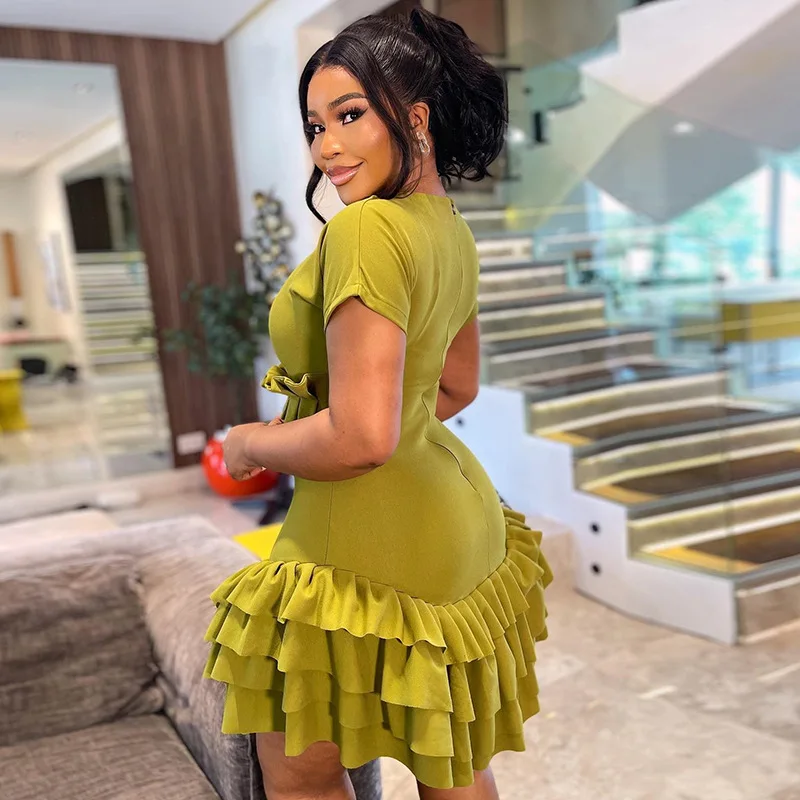 CM.YAYA Women Short Sleeve O-neck Ruffles Ruched Mini Dress 2025 Summer Sweet Girl Stacked Party Evening Night Club Chic Dresses CM.YAYA Women Short Sleeve O-neck Ruffles Ruched Mini Dress 2025 Summer Sweet Girl Stacked Party Evening Night Club Chic Dresses