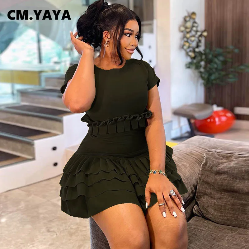 CM.YAYA Women Short Sleeve O-neck Ruffles Ruched Mini Dress 2025 Summer Sweet Girl Stacked Party Evening Night Club Chic Dresses