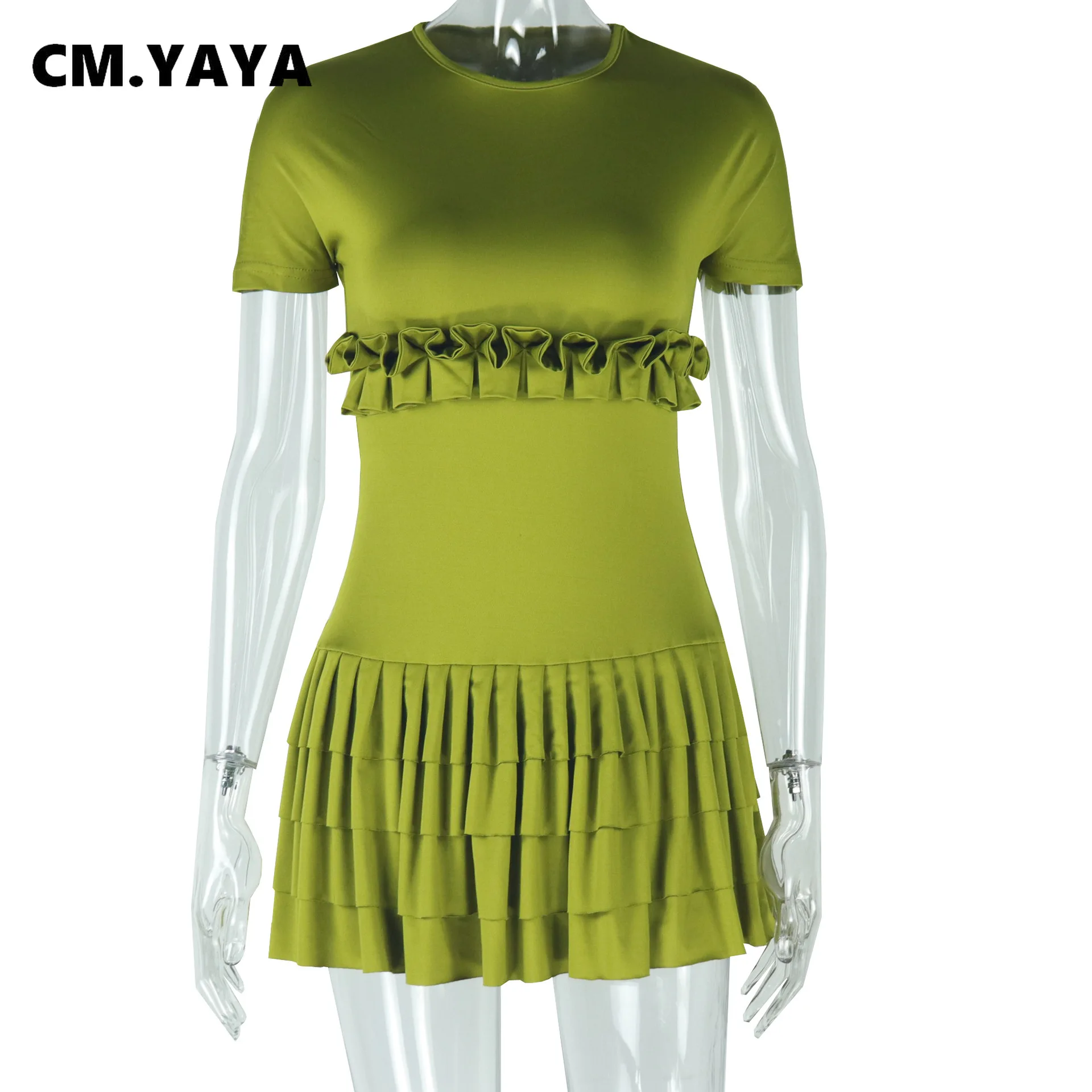 CM.YAYA Women Short Sleeve O-neck Ruffles Ruched Mini Dress 2025 Summer Sweet Girl Stacked Party Evening Night Club Chic Dresses