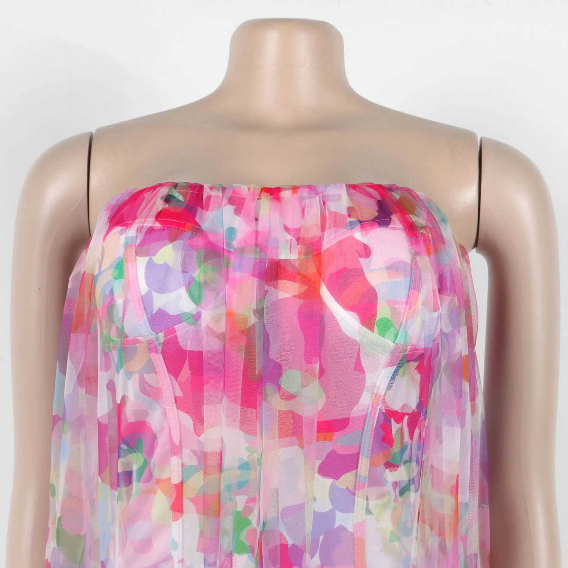 CM.YAYA Women Sleeveless Tie Dye Print Strapless Mesh Bodycon Midi Long Maxi Dress 2025 Birthday Club Party Vestido Sexy Dresses